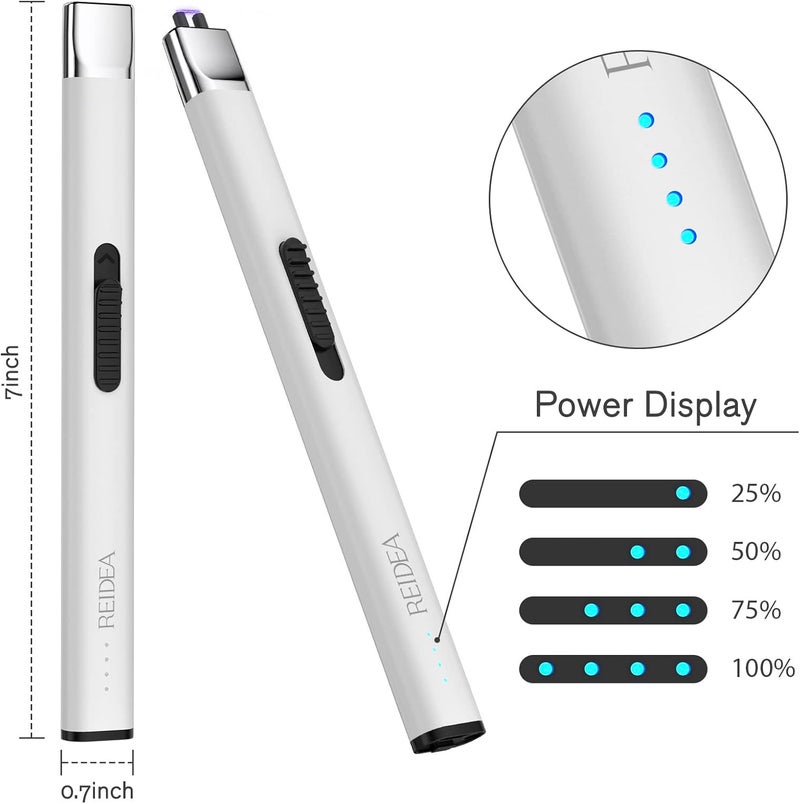 REIDEA Lighters 2 Pack R1 Flat Electronic Candle Lighter, Windproof Flameless USB Rechargeable Arc Lighter with Safe Button and Power Indicator for Candle, BBQ and Fireworks, White - Image 2